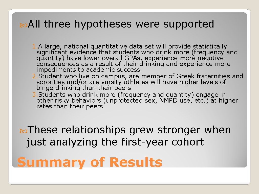  All three hypotheses were supported 1. A large, national quantitative data set will