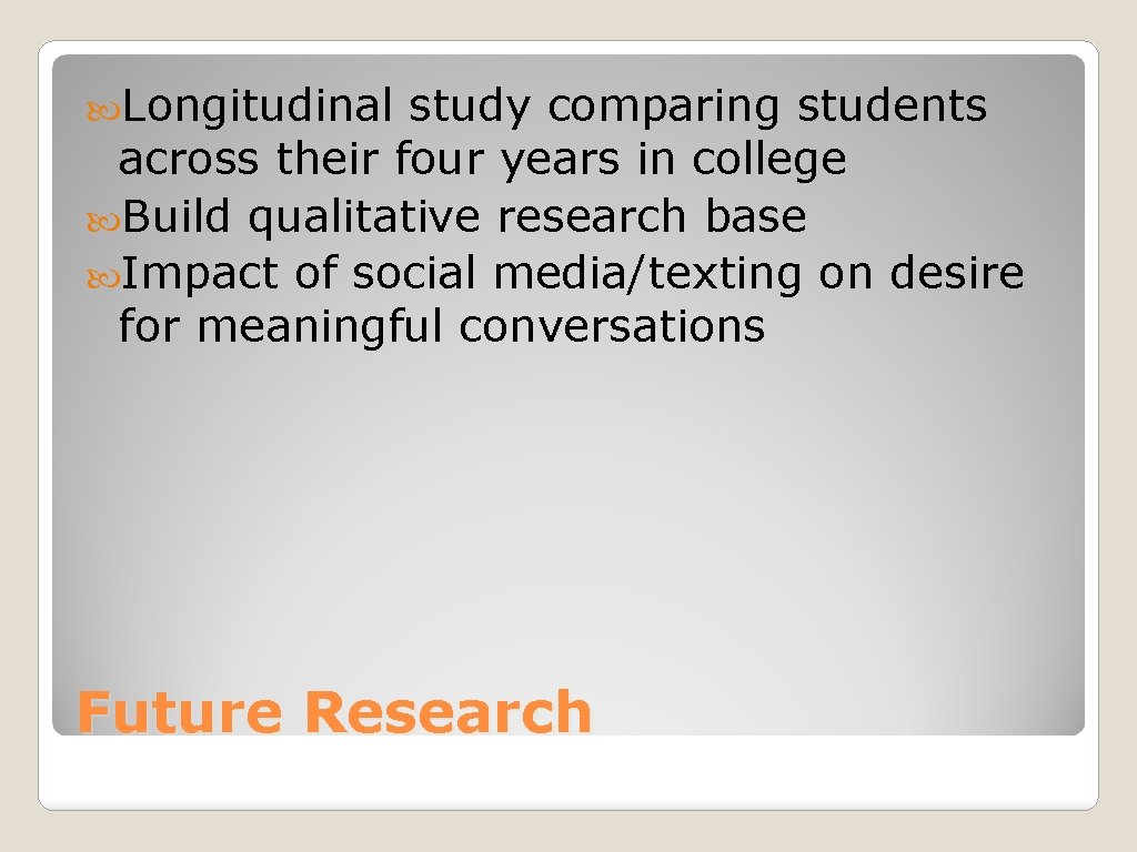  Longitudinal study comparing students across their four years in college Build qualitative research
