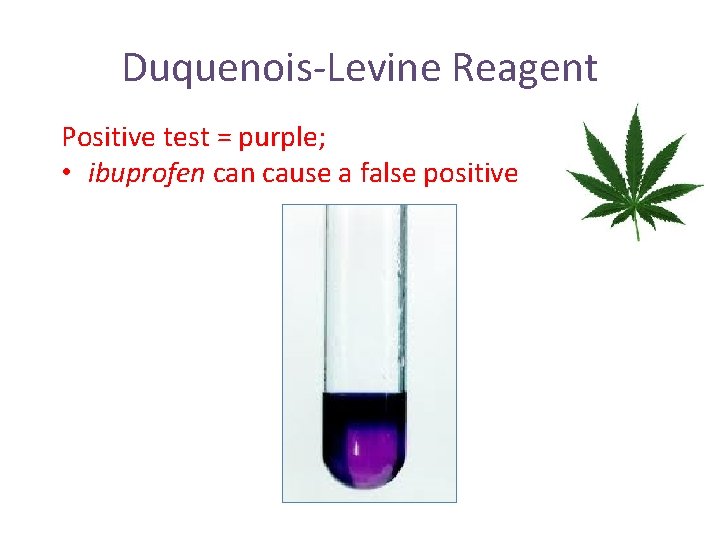 Duquenois-Levine Reagent Positive test = purple; • ibuprofen cause a false positive 