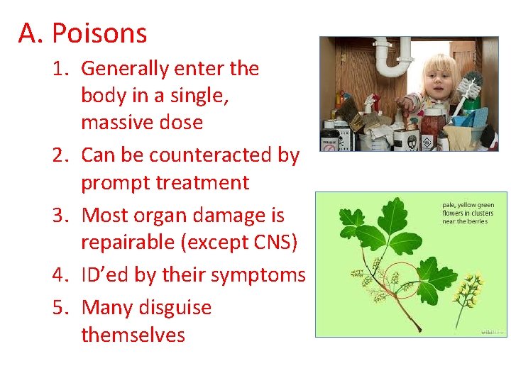 A. Poisons 1. Generally enter the body in a single, massive dose 2. Can