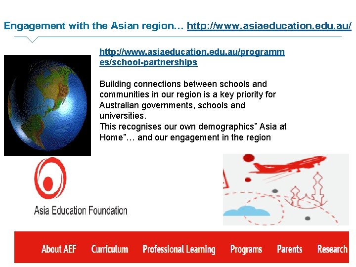 Engagement with the Asian region… http: //www. asiaeducation. edu. au/programm es/school-partnerships Building connections between