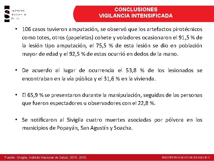 CONCLUSIONES VIGILANCIA INTENSIFICADA • 106 casos tuvieron amputación, se observó que los artefactos pirotécnicos