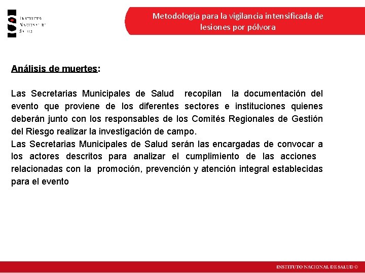 Metodología para la vigilancia intensificada de lesiones por pólvora Análisis de muertes: Las Secretarias