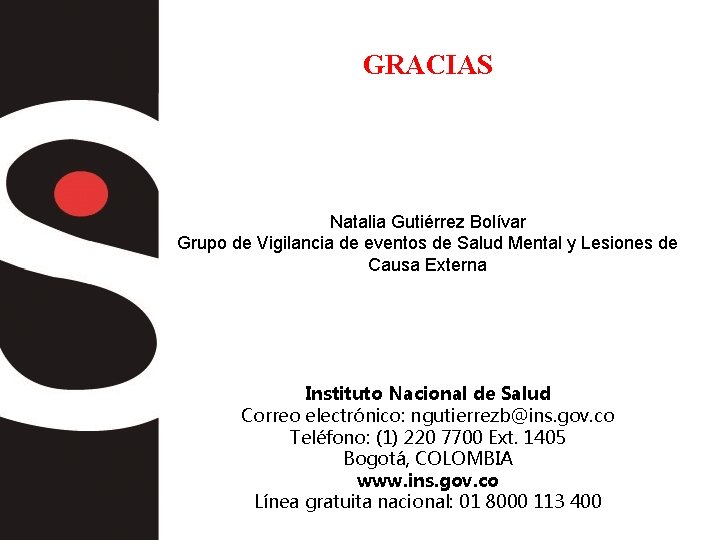 GRACIAS Natalia Gutiérrez Bolívar Grupo de Vigilancia de eventos de Salud Mental y Lesiones