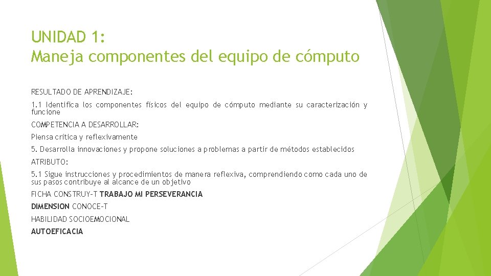 UNIDAD 1: Maneja componentes del equipo de cómputo RESULTADO DE APRENDIZAJE: 1. 1 Identifica