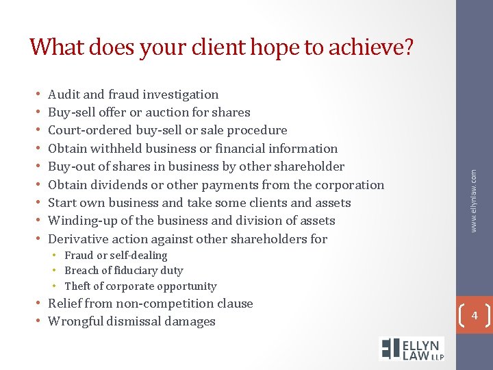  • • • Audit and fraud investigation Buy-sell offer or auction for shares