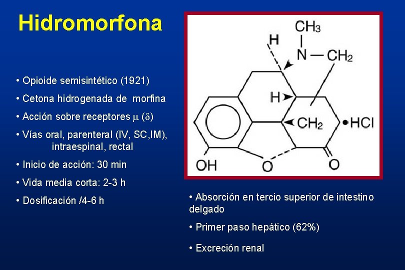 Hidromorfona • Opioide semisintético (1921) • Cetona hidrogenada de morfina • Acción sobre receptores Hidromorfona • Opioide semisintético (1921) • Cetona hidrogenada de morfina • Acción sobre receptores
