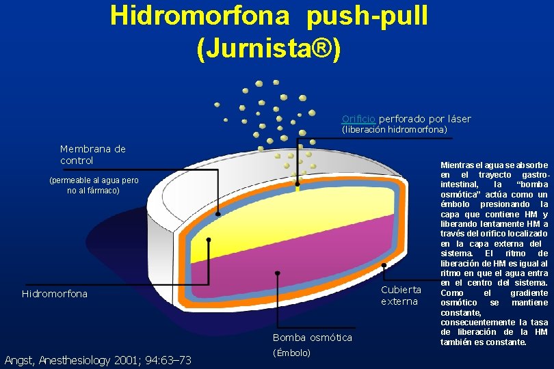 Hidromorfona push-pull (Jurnista®) Orificio perforado por láser (liberación hidromorfona) Membrana de control (permeable al Hidromorfona push-pull (Jurnista®) Orificio perforado por láser (liberación hidromorfona) Membrana de control (permeable al
