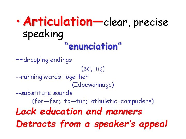  • Articulation—clear, precise speaking “enunciation” --dropping endings (ed, ing) --running words together (Idoewannago)