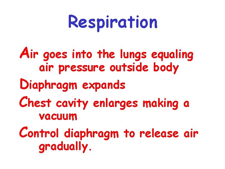 Respiration Air goes into the lungs equaling air pressure outside body Diaphragm expands Chest