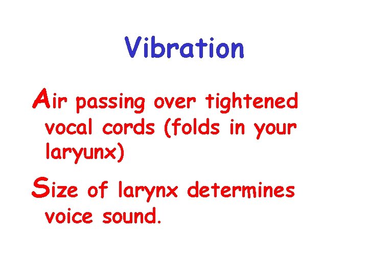 Vibration Air passing over tightened vocal cords (folds in your laryunx) Size of larynx