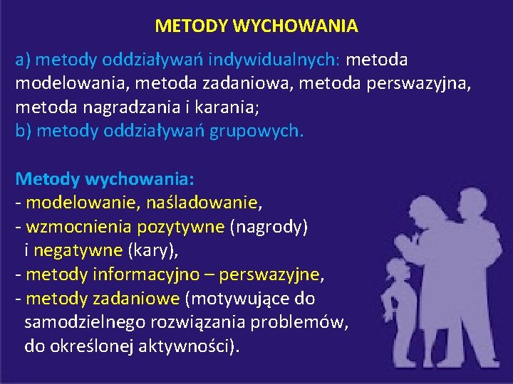 METODY WYCHOWANIA a) metody oddziaływań indywidualnych: metoda modelowania, metoda zadaniowa, metoda perswazyjna, metoda nagradzania