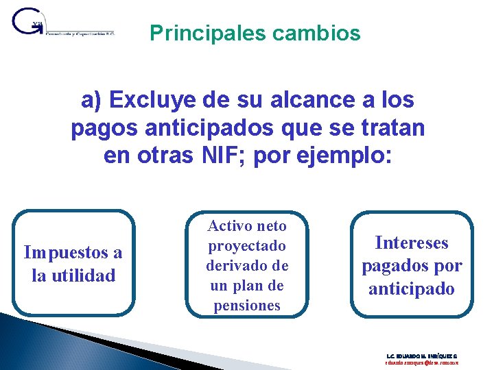 Principales cambios a) Excluye de su alcance a los pagos anticipados que se tratan Principales cambios a) Excluye de su alcance a los pagos anticipados que se tratan