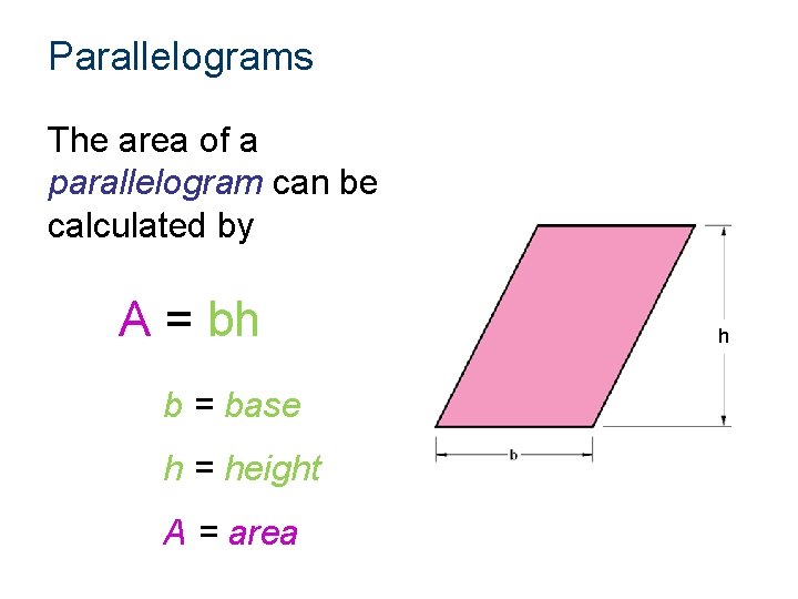 Parallelograms The area of a parallelogram can be calculated by A = bh b
