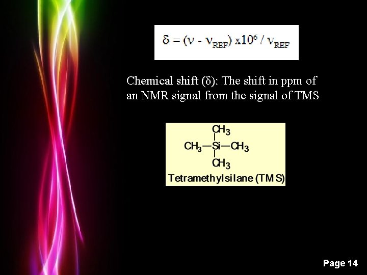 Chemical shift (δ): The shift in ppm of an NMR signal from the signal