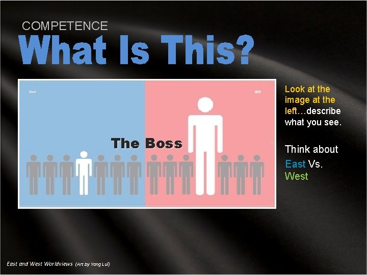 COMPETENCE Look at the image at the left…describe what you see. The Boss East