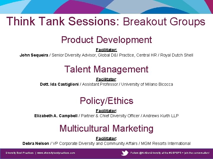 Think Tank Sessions: Breakout Groups Product Development Facilitator: John Sequeira / Senior Diversity Advisor,