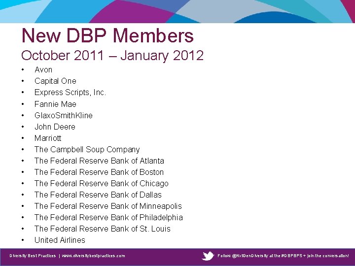 New DBP Members October 2011 – January 2012 • • • • Avon Capital