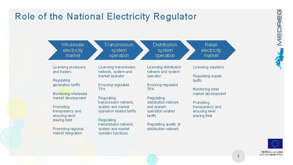 Role of the National Electricity Regulator Wholesale electricity market Licensing producers and traders Regulating