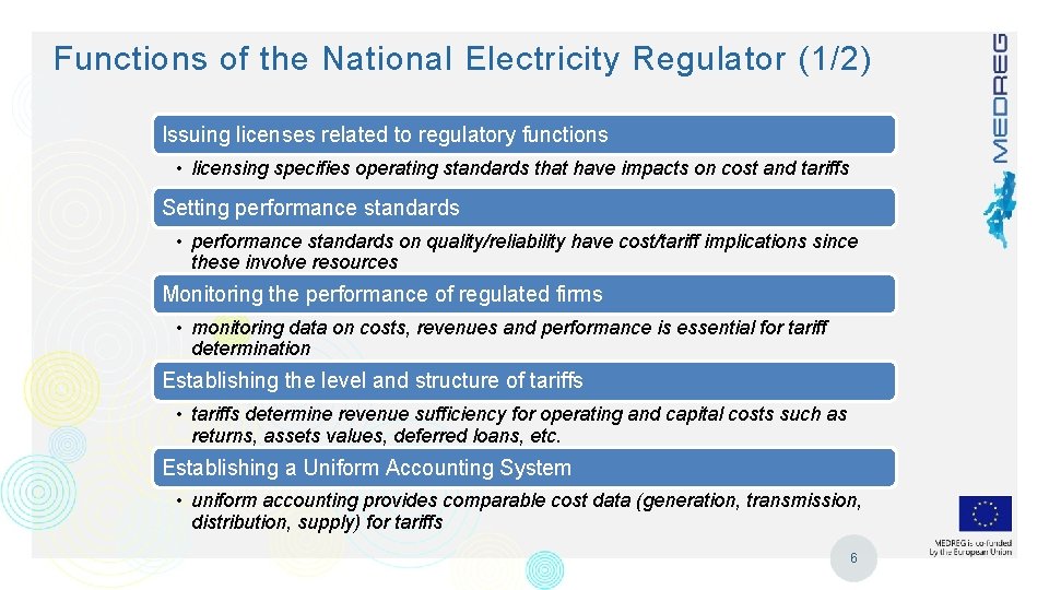 Functions of the National Electricity Regulator (1/2) Issuing licenses related to regulatory functions •