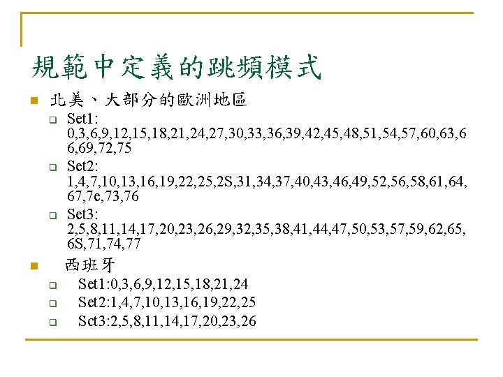 規範中定義的跳頻模式 n 北美、大部分的歐洲地區 q q q Set 1: 0, 3, 6, 9, 12, 15,