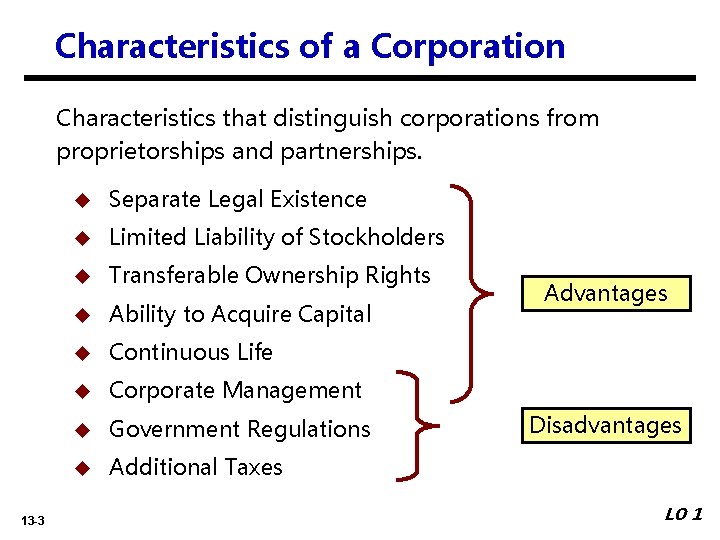 Characteristics of a Corporation Characteristics that distinguish corporations from proprietorships and partnerships. 13 -3 Characteristics of a Corporation Characteristics that distinguish corporations from proprietorships and partnerships. 13 -3