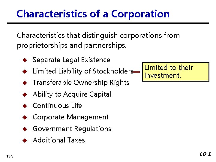Characteristics of a Corporation Characteristics that distinguish corporations from proprietorships and partnerships. 13 -5 Characteristics of a Corporation Characteristics that distinguish corporations from proprietorships and partnerships. 13 -5