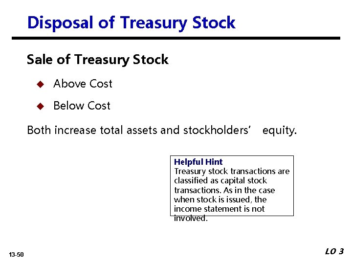Disposal of Treasury Stock Sale of Treasury Stock u Above Cost u Below Cost Disposal of Treasury Stock Sale of Treasury Stock u Above Cost u Below Cost