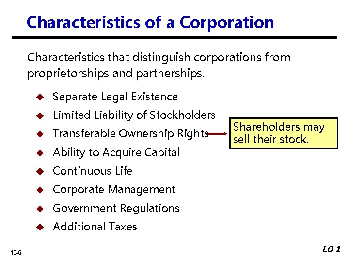 Characteristics of a Corporation Characteristics that distinguish corporations from proprietorships and partnerships. 13 -6 Characteristics of a Corporation Characteristics that distinguish corporations from proprietorships and partnerships. 13 -6