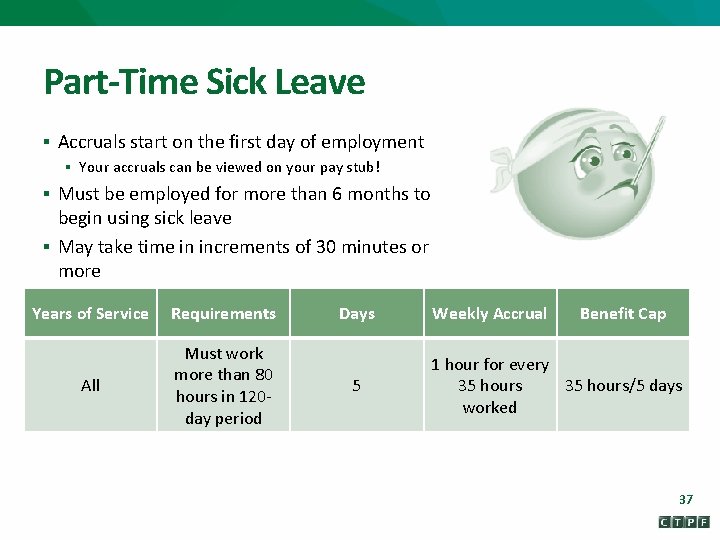 Part-Time Sick Leave § Accruals start on the first day of employment § Your
