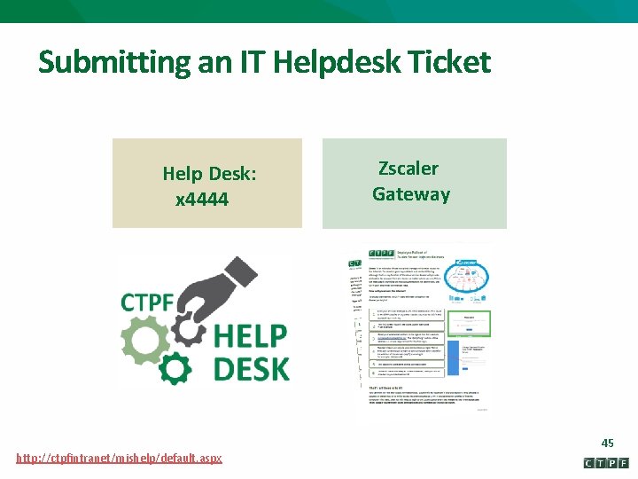 Submitting an IT Helpdesk Ticket Help Desk: x 4444 http: //ctpfintranet/mishelp/default. aspx Zscaler Gateway