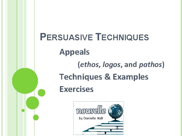 PERSUASIVE TECHNIQUES Appeals (ethos, logos, and pathos) Techniques & Examples Exercises 