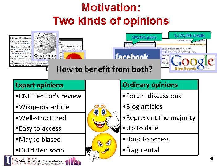 Motivation: Two kinds of opinions 190, 451 posts 4, 773, 658 results How to