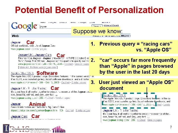 Potential Benefit of Personalization Suppose we know: Car 1. Previous query = “racing cars”
