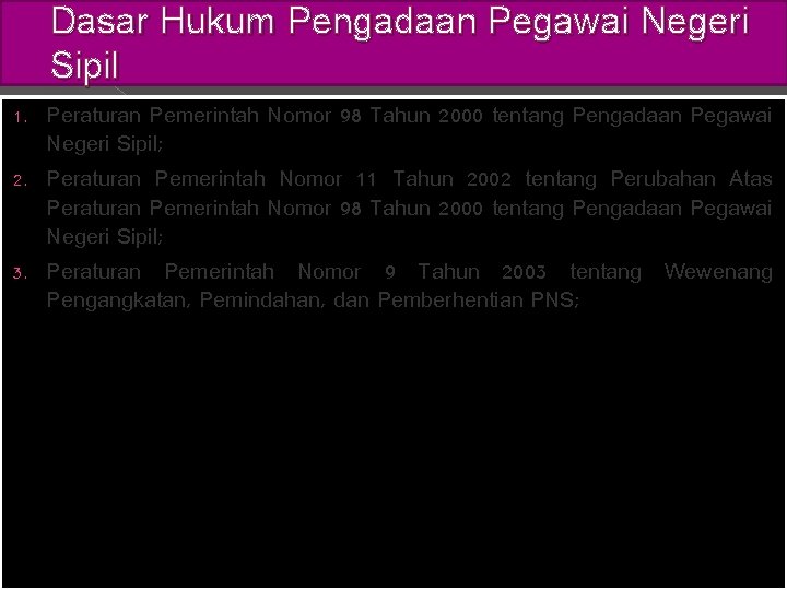 Dasar Hukum Pengadaan Pegawai Negeri Sipil Peraturan Pemerintah Nomor 98 Tahun 2000 tentang Pengadaan