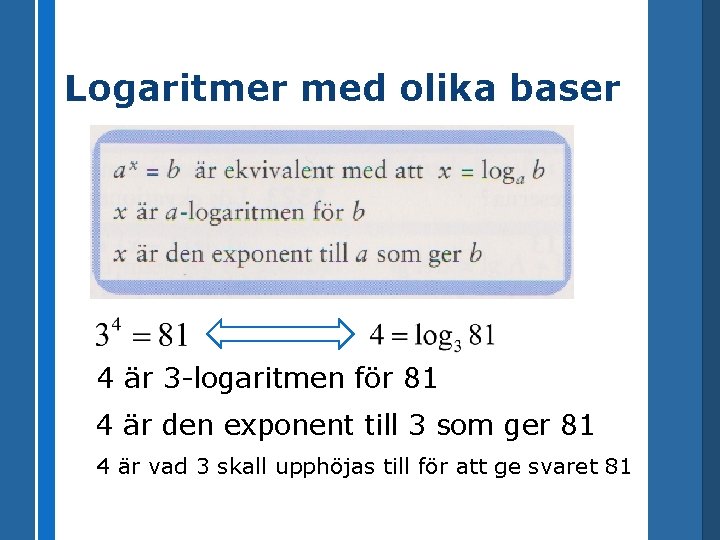 Logaritmer med olika baser 4 är 3 -logaritmen för 81 4 är den exponent