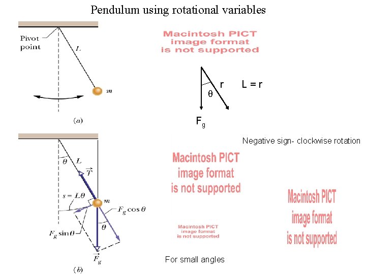 Pendulum using rotational variables θ r L=r Fg Negative sign- clockwise rotation For small