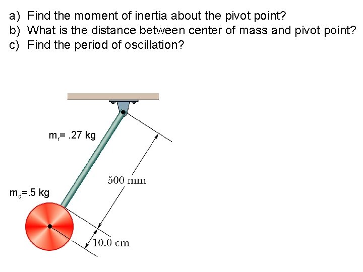 a) Find the moment of inertia about the pivot point? b) What is the