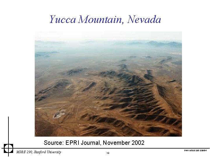 Yucca Mountain, Nevada Source: EPRI Journal, November 2002 MS&E 290, Stanford University DWN MS&E