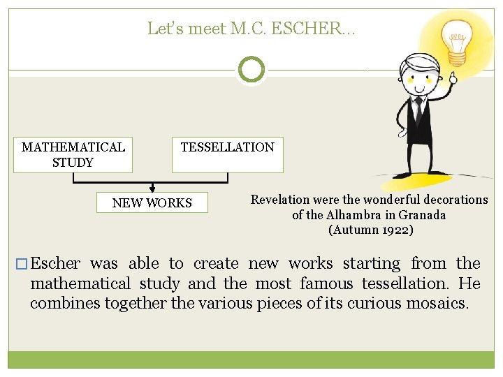 Let’s meet M. C. ESCHER… MATHEMATICAL STUDY TESSELLATION NEW WORKS Revelation were the wonderful