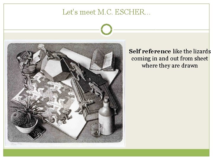 Let’s meet M. C. ESCHER… Self reference like the lizards coming in and out