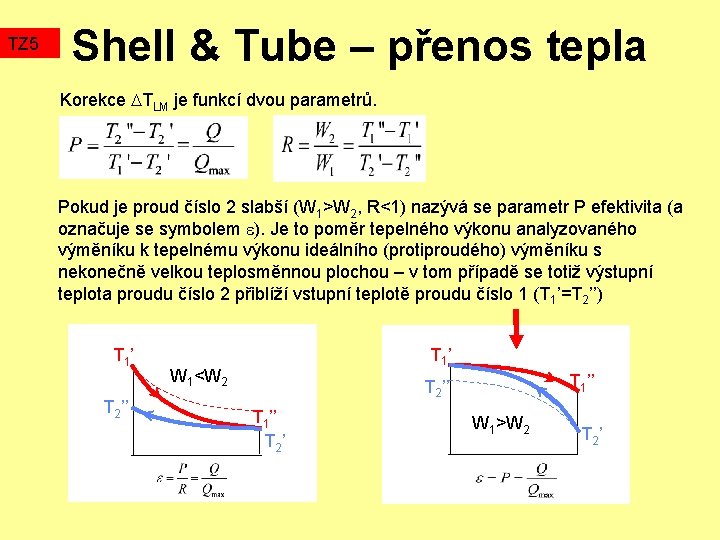 TZ 5 Shell & Tube – přenos tepla Korekce TLM je funkcí dvou parametrů.