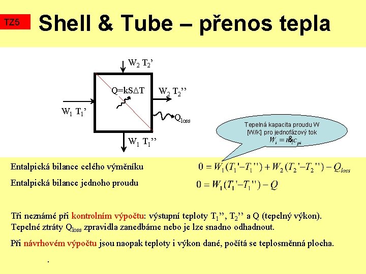 TZ 5 Shell & Tube – přenos tepla W 2 T 2 ’ Q=k.