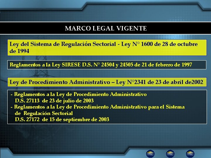MARCO LEGAL VIGENTE Ley del Sistema de Regulación Sectorial - Ley N° 1600 de
