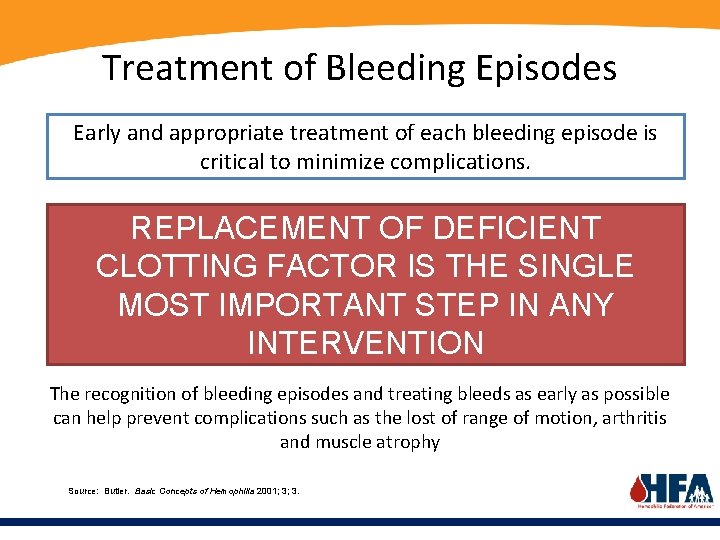 Treatment of Bleeding Episodes Early and appropriate treatment of each bleeding episode is critical