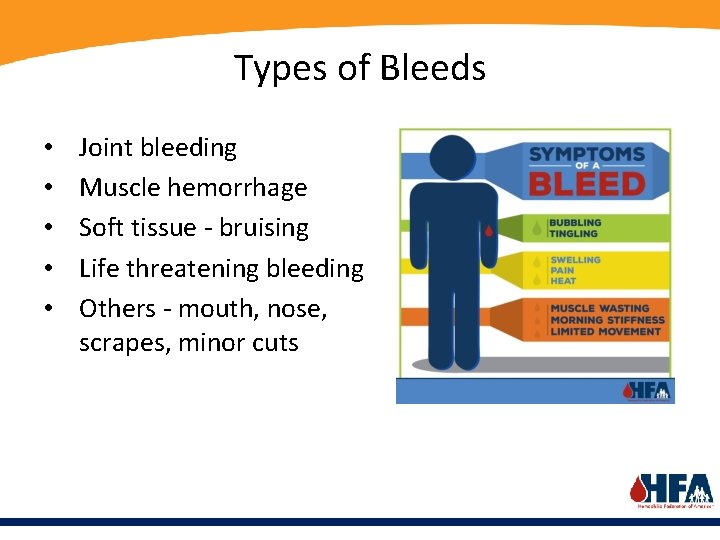 Types of Bleeds • • • Joint bleeding Muscle hemorrhage Soft tissue - bruising