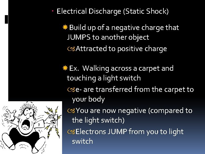 Electrical Discharge (Static Shock) Build up of a negative charge that JUMPS to Electrical Discharge (Static Shock) Build up of a negative charge that JUMPS to