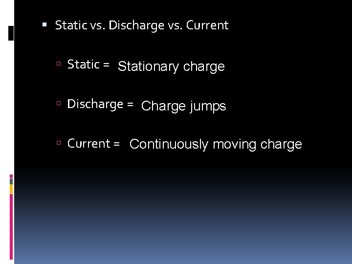Static vs. Discharge vs. Current Static = Stationary charge Discharge = Charge jumps Static vs. Discharge vs. Current Static = Stationary charge Discharge = Charge jumps