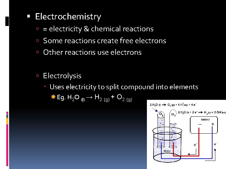 Electrochemistry = electricity & chemical reactions Some reactions create free electrons Other reactions Electrochemistry = electricity & chemical reactions Some reactions create free electrons Other reactions