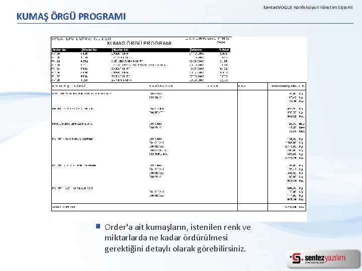 KUMAŞ ÖRGÜ PROGRAMI Order'a ait kumaşların, istenilen renk ve miktarlarda ne kadar ördürülmesi gerektiğini